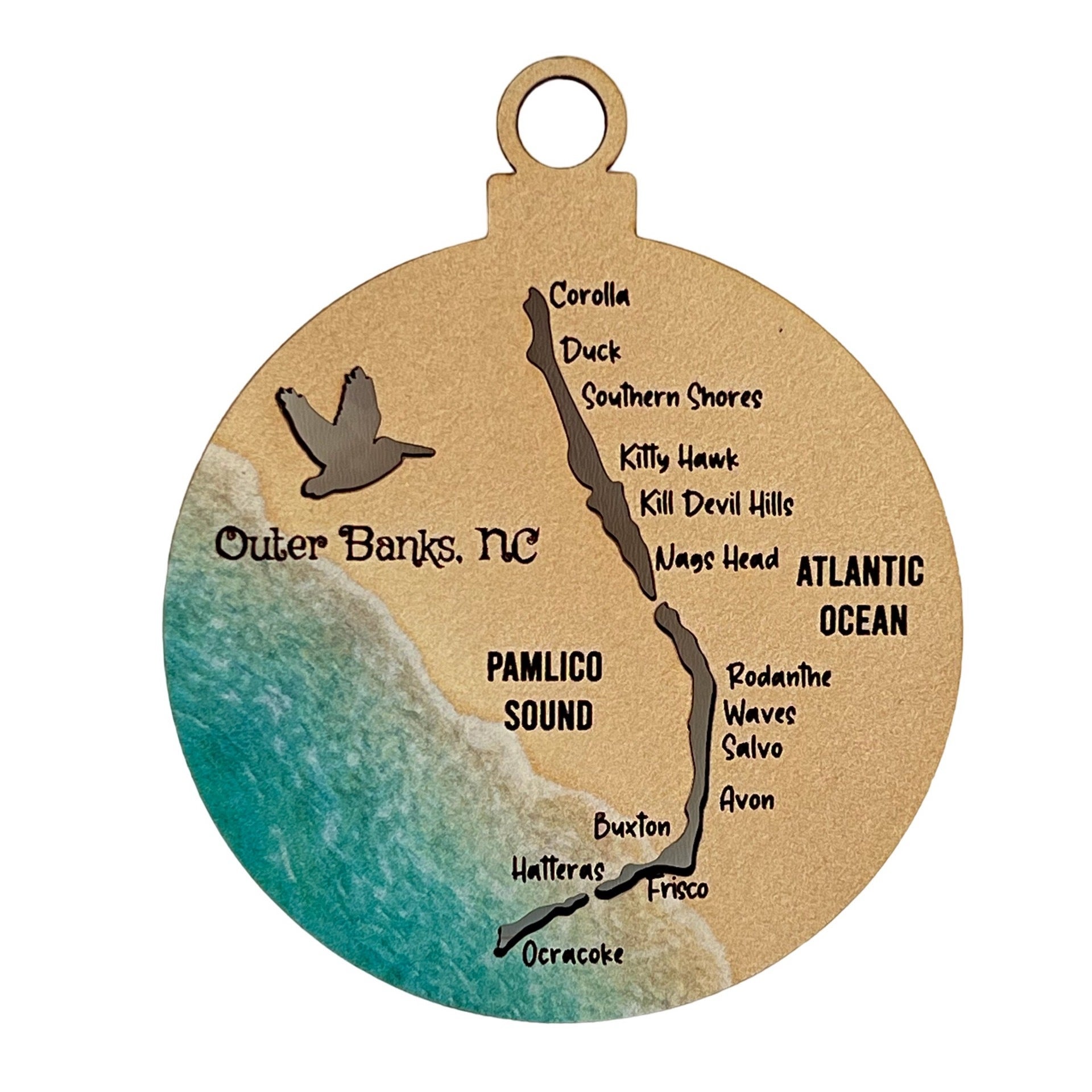 Laser Engraved Wood Ornament with map of the Outer Banks Blue Pelican